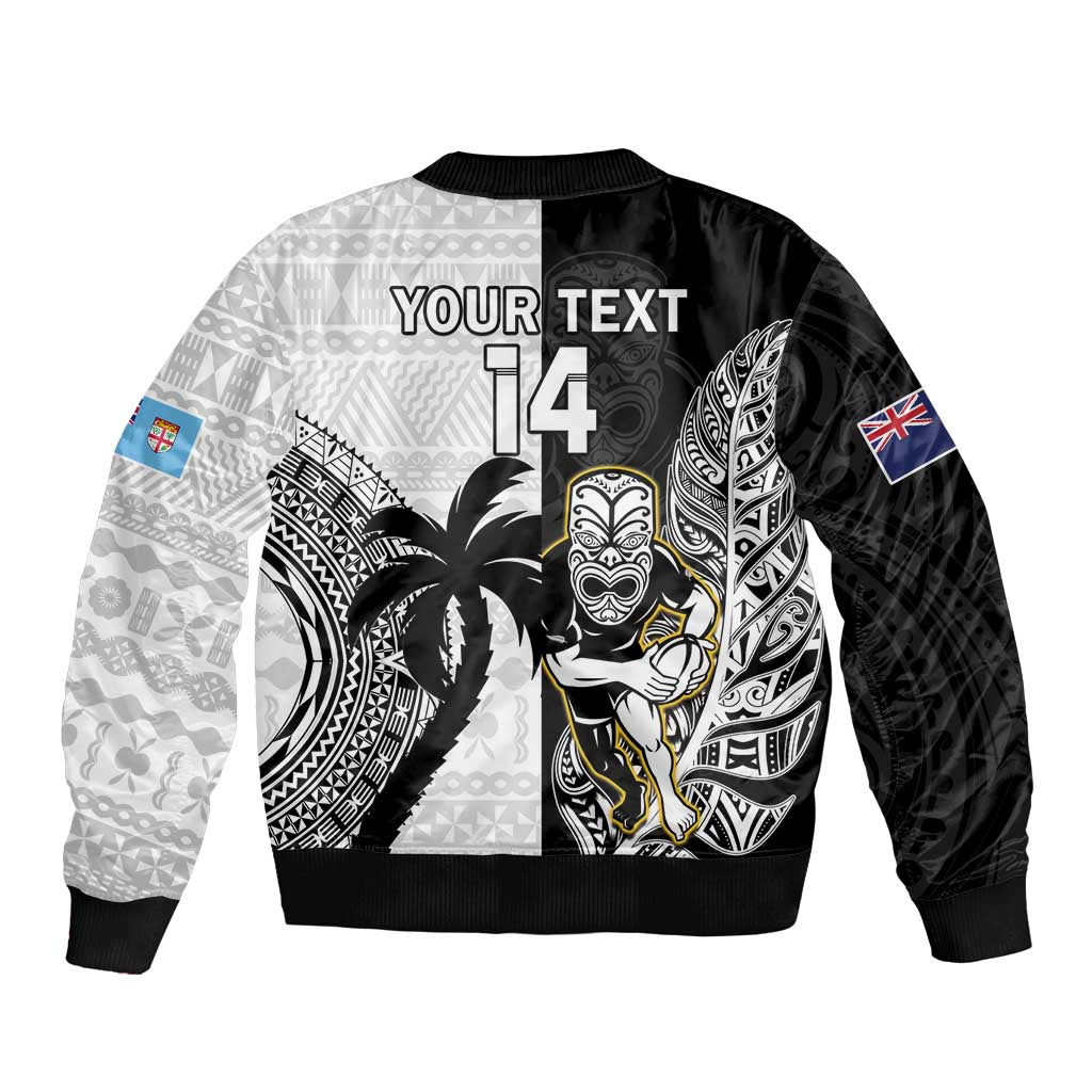 Custom Fiji And New Zealand Rugby Sleeve Zip Bomber Jacket Aotearoa Silver Fern Mix Fijian Tapa Pattern LT14 - Polynesian Pride