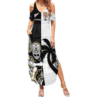 Custom Fiji And New Zealand Rugby Summer Maxi Dress Aotearoa Silver Fern Mix Fijian Tapa Pattern LT14 Women Black - Polynesian Pride
