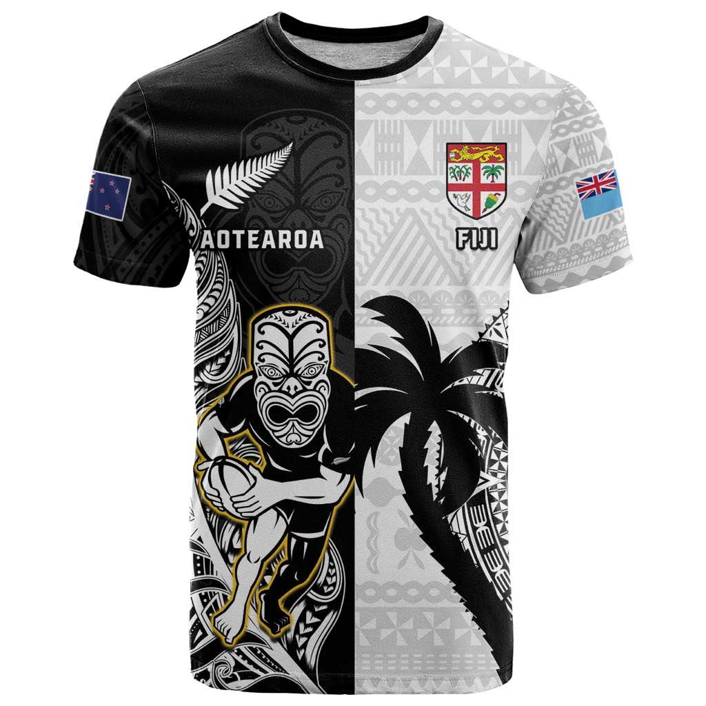 Custom Fiji And New Zealand Rugby T Shirt Aotearoa Silver Fern Mix Fijian Tapa Pattern LT14 Black - Polynesian Pride