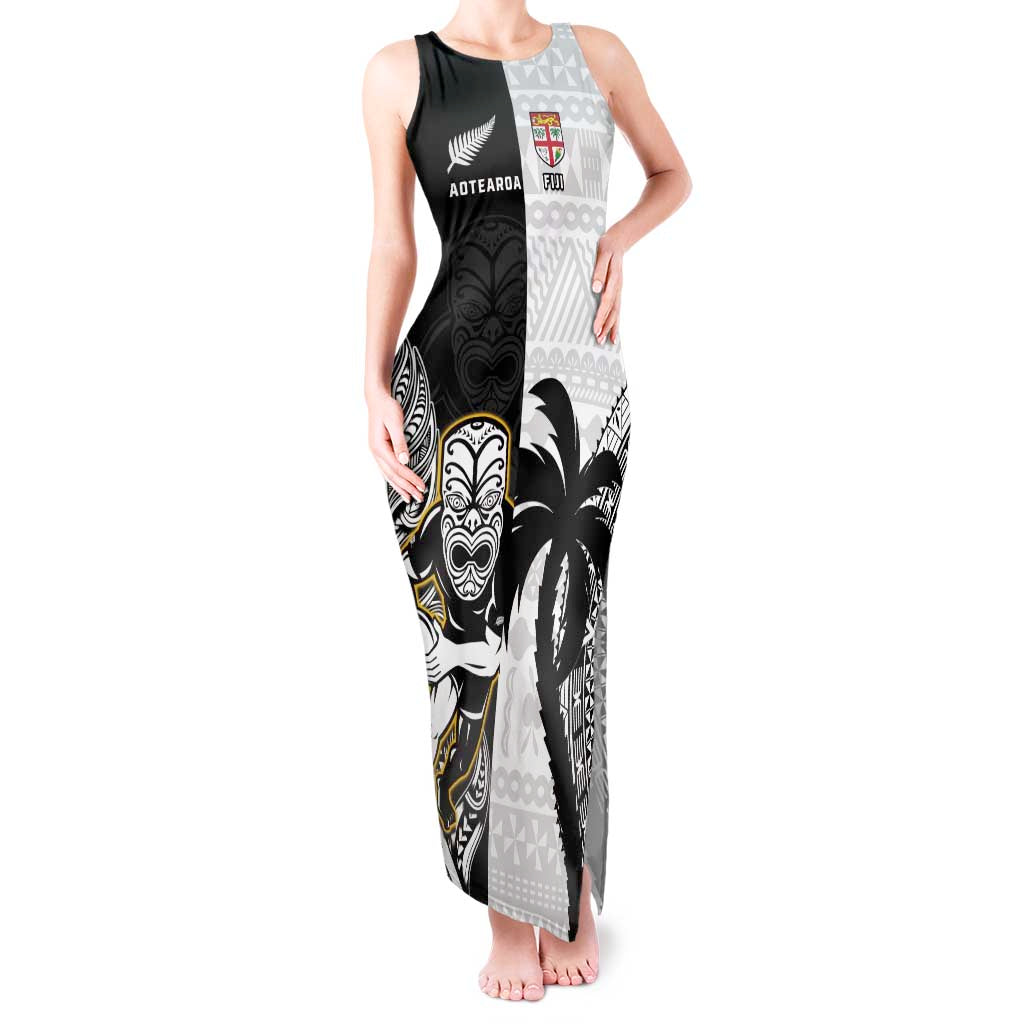 Custom Fiji And New Zealand Rugby Tank Maxi Dress Aotearoa Silver Fern Mix Fijian Tapa Pattern LT14 Women Black - Polynesian Pride