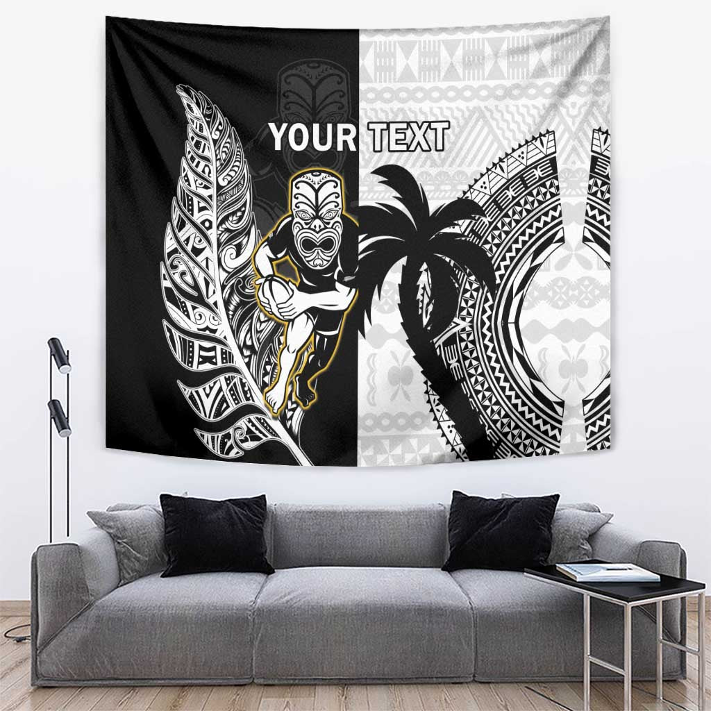 Custom Fiji And New Zealand Rugby Tapestry Aotearoa Silver Fern Mix Fijian Tapa Pattern LT14 Black - Polynesian Pride