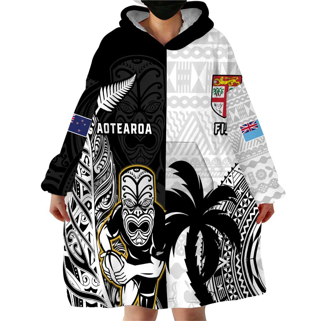 Custom Fiji And New Zealand Rugby Wearable Blanket Hoodie Aotearoa Silver Fern Mix Fijian Tapa Pattern LT14 - Polynesian Pride