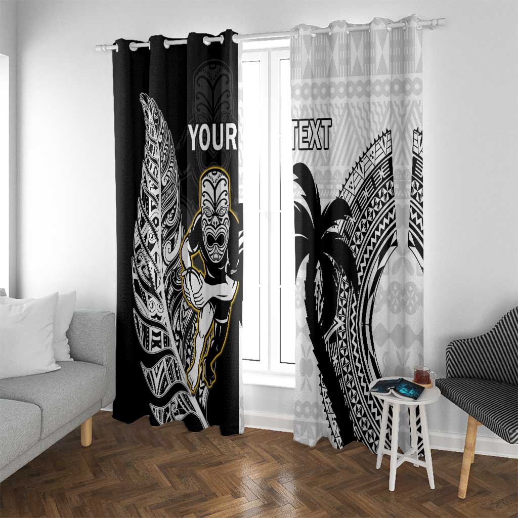 Custom Fiji And New Zealand Rugby Window Curtain Aotearoa Silver Fern Mix Fijian Tapa Pattern LT14 With Grommets Black - Polynesian Pride