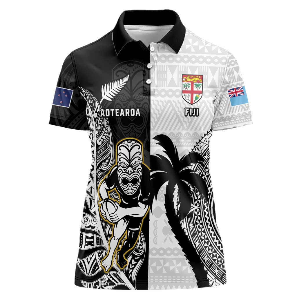 Custom Fiji And New Zealand Rugby Women Polo Shirt Aotearoa Silver Fern Mix Fijian Tapa Pattern LT14 Female Black - Polynesian Pride