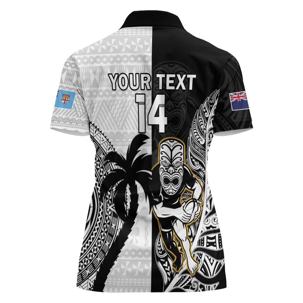 Custom Fiji And New Zealand Rugby Women Polo Shirt Aotearoa Silver Fern Mix Fijian Tapa Pattern LT14 - Polynesian Pride