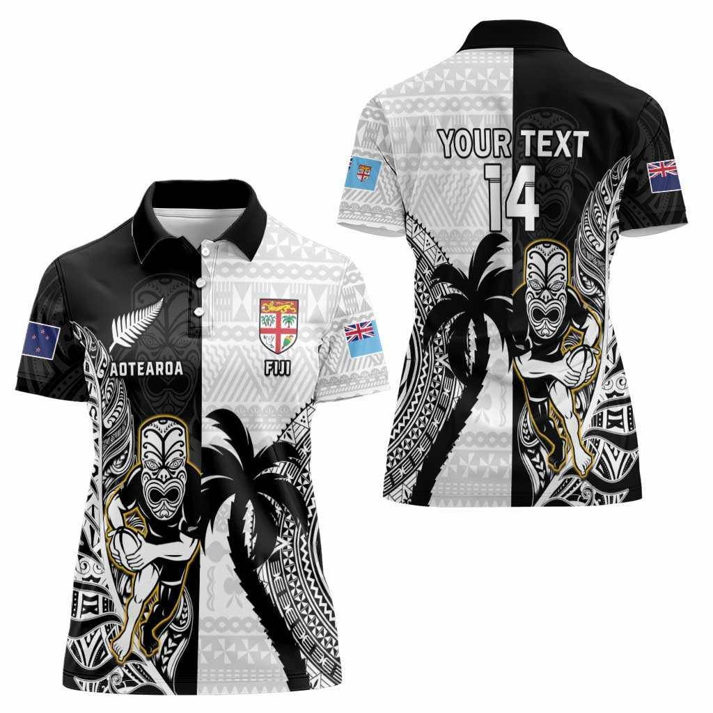 Custom Fiji And New Zealand Rugby Women Polo Shirt Aotearoa Silver Fern Mix Fijian Tapa Pattern LT14 - Polynesian Pride