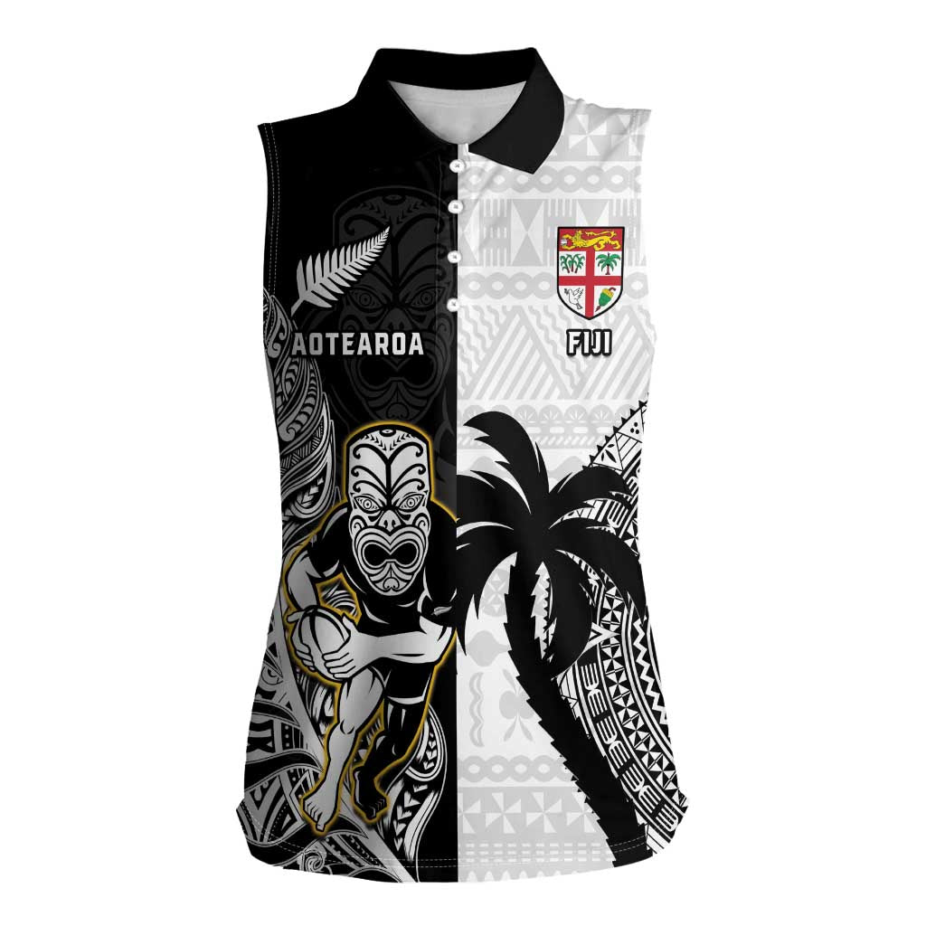 Custom Fiji And New Zealand Rugby Women Sleeveless Polo Shirt Aotearoa Silver Fern Mix Fijian Tapa Pattern LT14 Female Black - Polynesian Pride