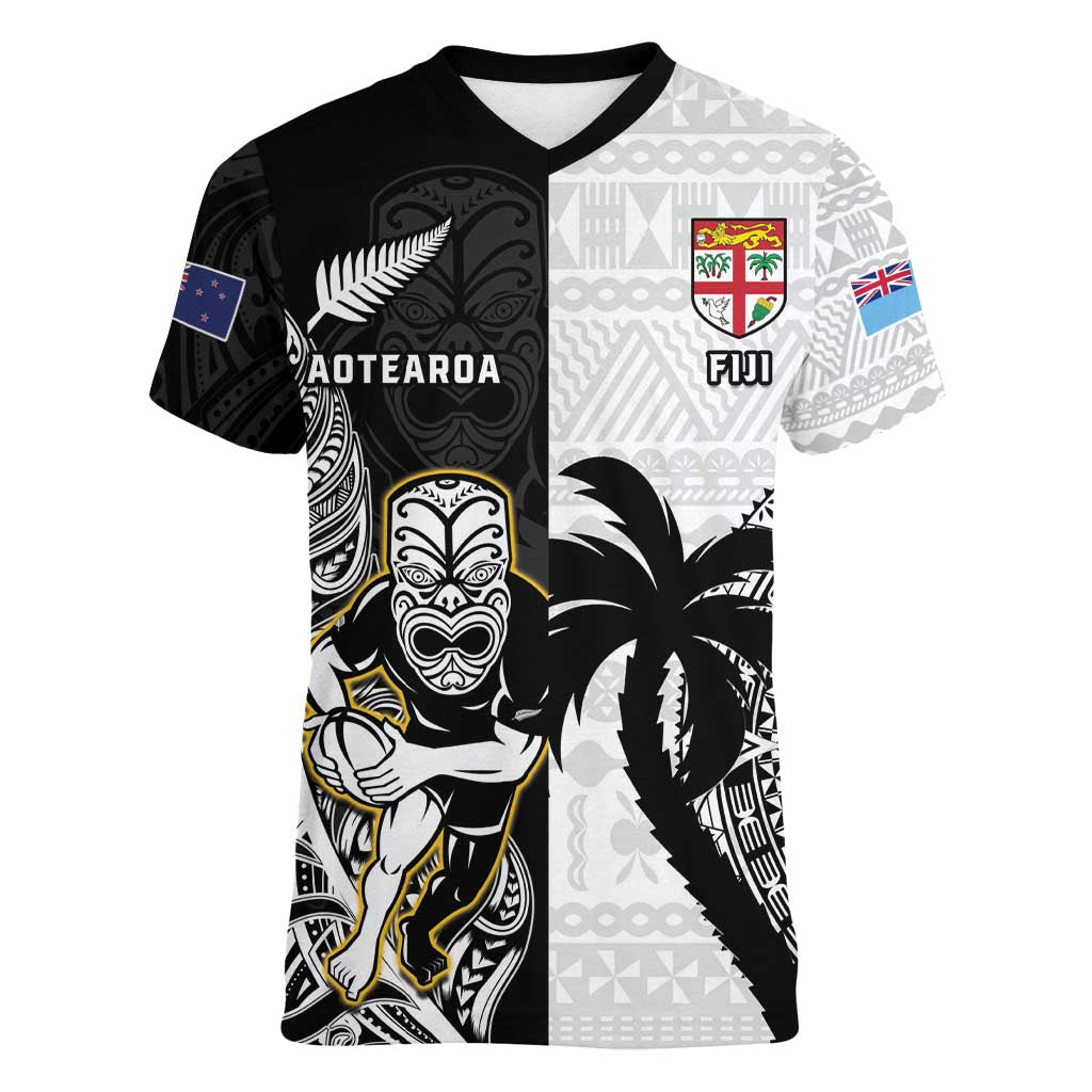 Custom Fiji And New Zealand Rugby Women V-Neck T-Shirt Aotearoa Silver Fern Mix Fijian Tapa Pattern LT14 Female Black - Polynesian Pride