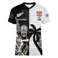 Custom Fiji And New Zealand Rugby Women V-Neck T-Shirt Aotearoa Silver Fern Mix Fijian Tapa Pattern LT14 Female Black - Polynesian Pride