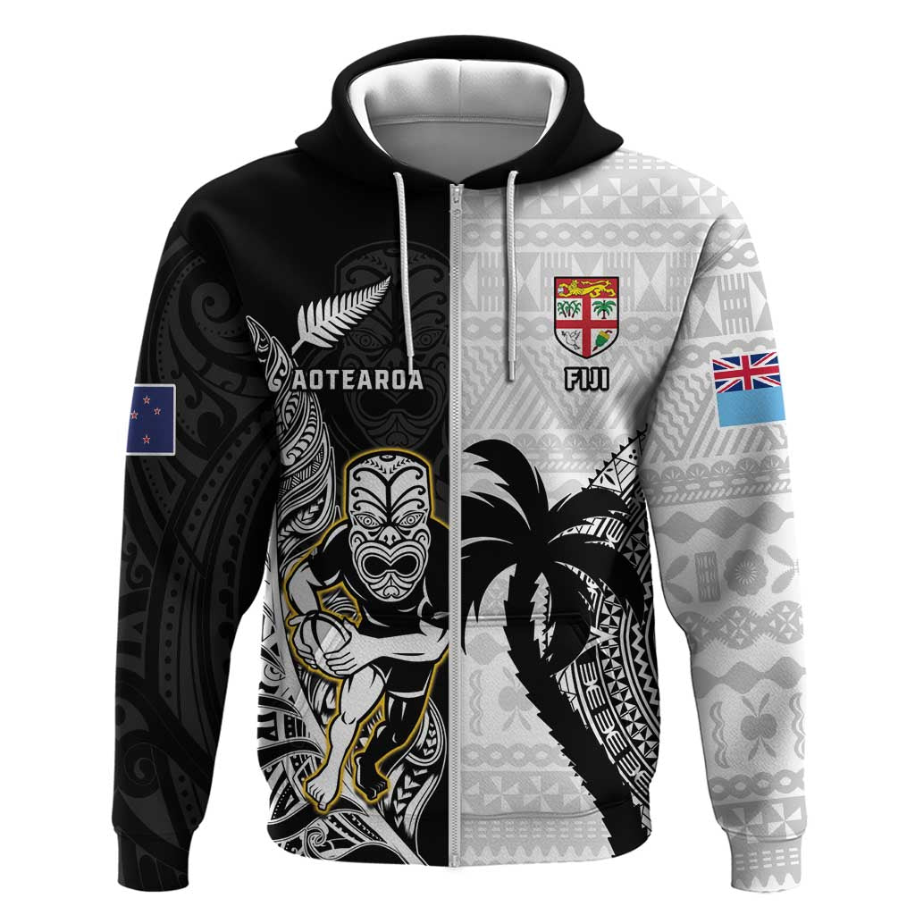 Custom Fiji And New Zealand Rugby Zip Hoodie Aotearoa Silver Fern Mix Fijian Tapa Pattern LT14 Zip Hoodie Black - Polynesian Pride