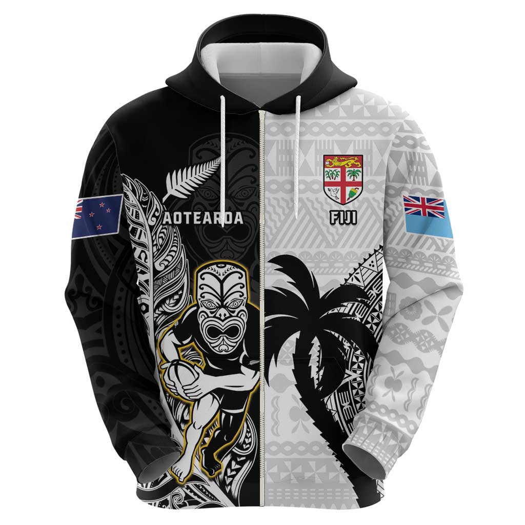Custom Fiji And New Zealand Rugby Zip Hoodie Aotearoa Silver Fern Mix Fijian Tapa Pattern LT14 - Polynesian Pride