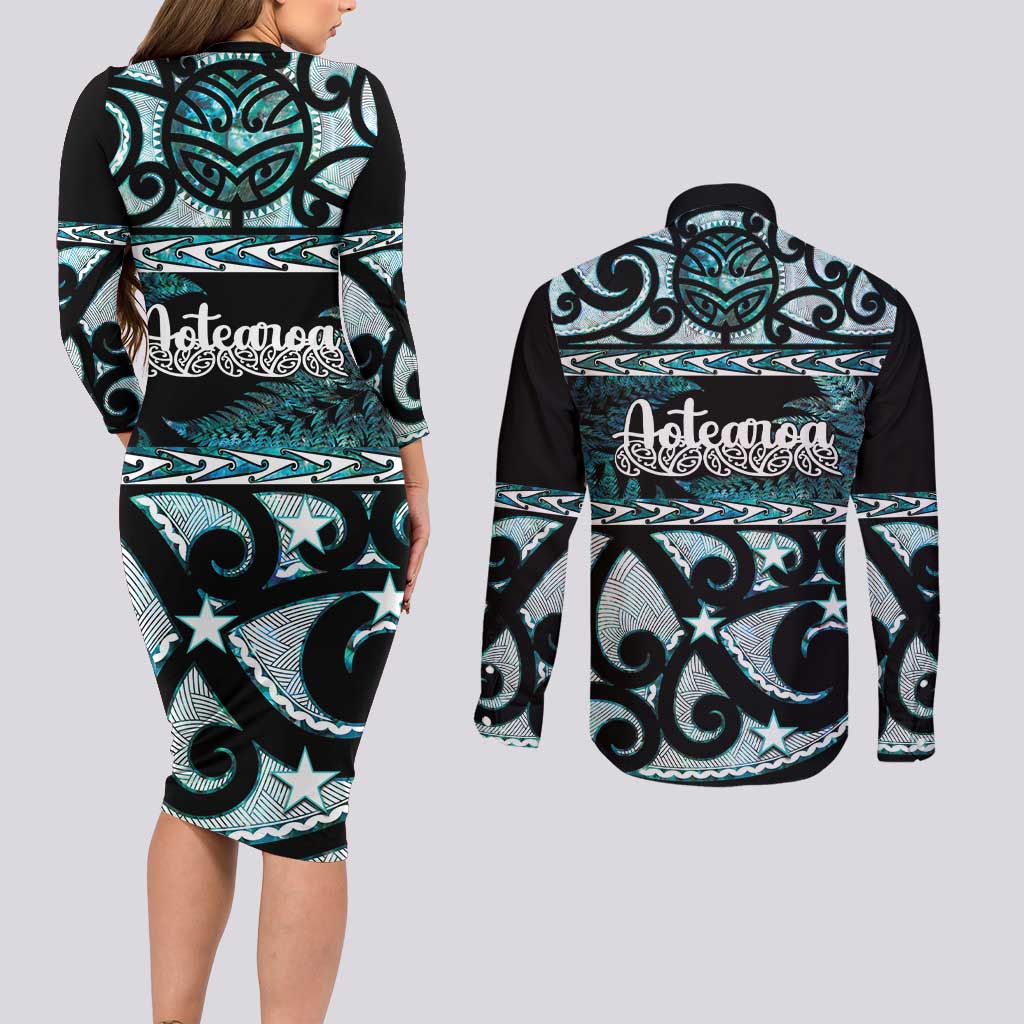 Kia Ora New Zealand Couples Matching Long Sleeve Bodycon Dress and Long Sleeve Button Shirt Aotearoa Proud Maori Paua Shell Silver Fern LT14 - Polynesian Pride
