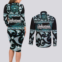 Kia Ora New Zealand Couples Matching Long Sleeve Bodycon Dress and Long Sleeve Button Shirt Aotearoa Proud Maori Paua Shell Silver Fern LT14 - Polynesian Pride