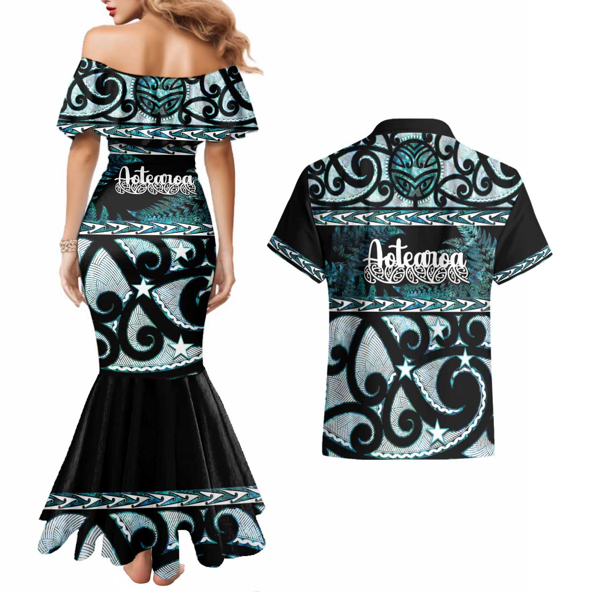 Kia Ora New Zealand Couples Matching Mermaid Dress and Hawaiian Shirt Aotearoa Proud Maori Paua Shell Silver Fern LT14 - Polynesian Pride