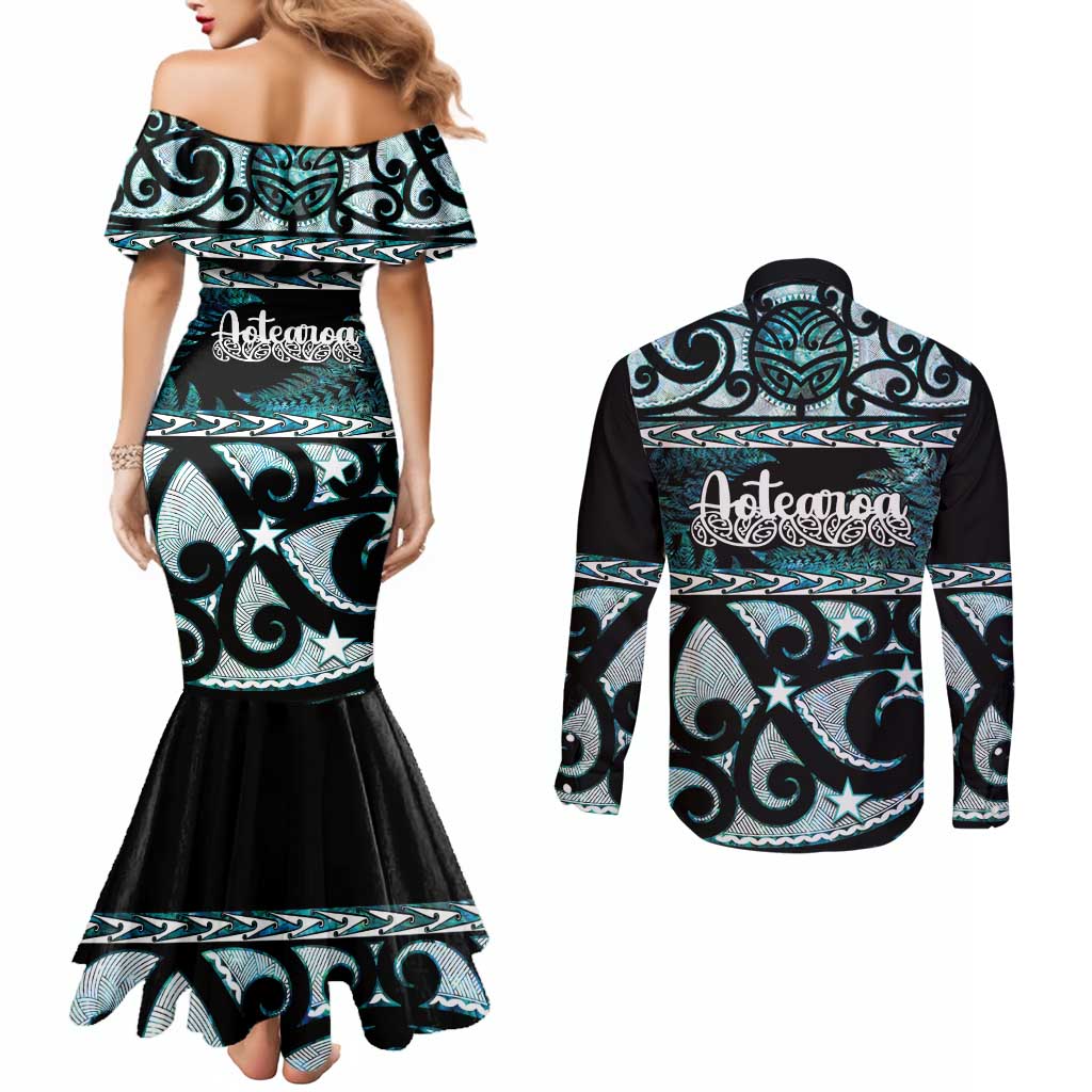 Kia Ora New Zealand Couples Matching Mermaid Dress and Long Sleeve Button Shirt Aotearoa Proud Maori Paua Shell Silver Fern LT14 - Polynesian Pride