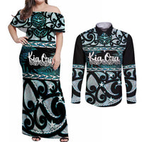 Kia Ora New Zealand Couples Matching Off Shoulder Maxi Dress and Long Sleeve Button Shirt Aotearoa Proud Maori Paua Shell Silver Fern LT14 Black - Polynesian Pride