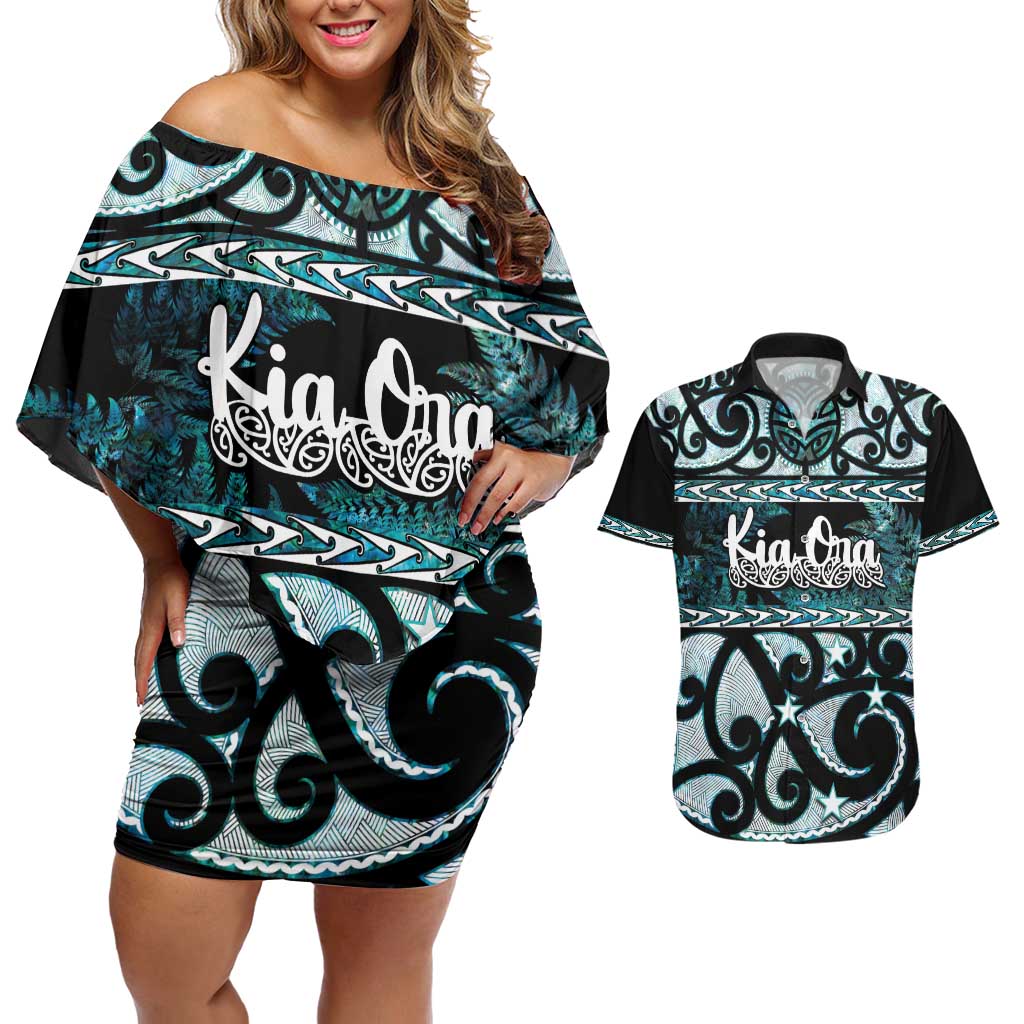 Kia Ora New Zealand Couples Matching Off Shoulder Short Dress and Hawaiian Shirt Aotearoa Proud Maori Paua Shell Silver Fern LT14 Black - Polynesian Pride