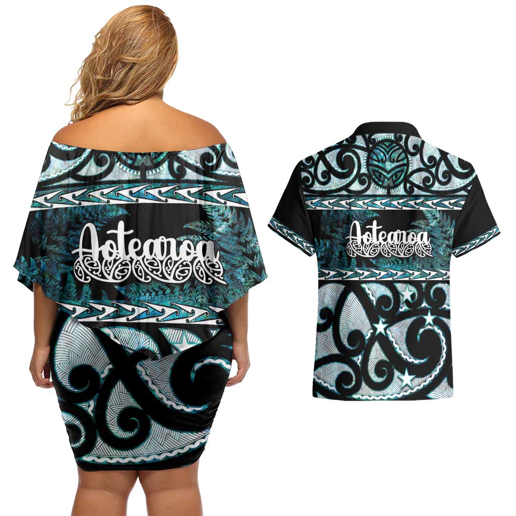 Kia Ora New Zealand Couples Matching Off Shoulder Short Dress and Hawaiian Shirt Aotearoa Proud Maori Paua Shell Silver Fern LT14 - Polynesian Pride
