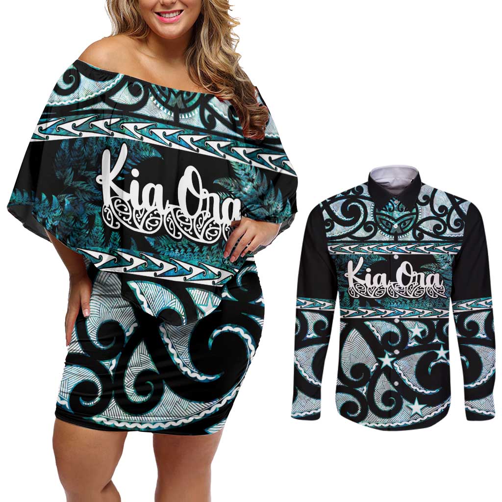 Kia Ora New Zealand Couples Matching Off Shoulder Short Dress and Long Sleeve Button Shirt Aotearoa Proud Maori Paua Shell Silver Fern LT14 Black - Polynesian Pride