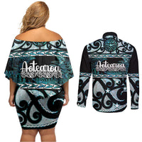 Kia Ora New Zealand Couples Matching Off Shoulder Short Dress and Long Sleeve Button Shirt Aotearoa Proud Maori Paua Shell Silver Fern LT14 - Polynesian Pride