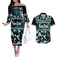 Kia Ora New Zealand Couples Matching Off The Shoulder Long Sleeve Dress and Hawaiian Shirt Aotearoa Proud Maori Paua Shell Silver Fern LT14 Black - Polynesian Pride