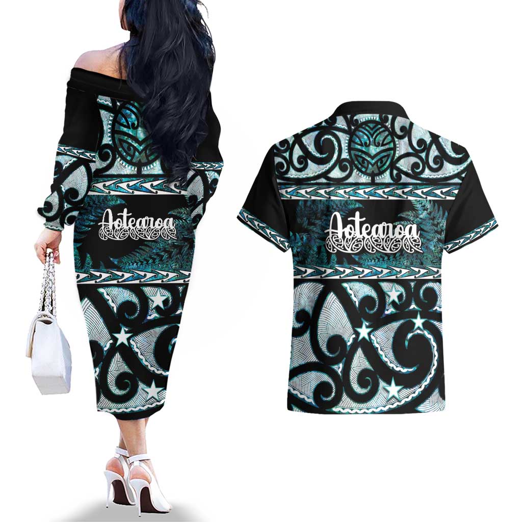 Kia Ora New Zealand Couples Matching Off The Shoulder Long Sleeve Dress and Hawaiian Shirt Aotearoa Proud Maori Paua Shell Silver Fern LT14 - Polynesian Pride