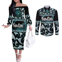 Kia Ora New Zealand Couples Matching Off The Shoulder Long Sleeve Dress and Long Sleeve Button Shirt Aotearoa Proud Maori Paua Shell Silver Fern LT14 Black - Polynesian Pride
