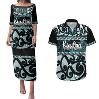 Kia Ora New Zealand Couples Matching Puletasi and Hawaiian Shirt Aotearoa Proud Maori Paua Shell Silver Fern LT14 Black - Polynesian Pride