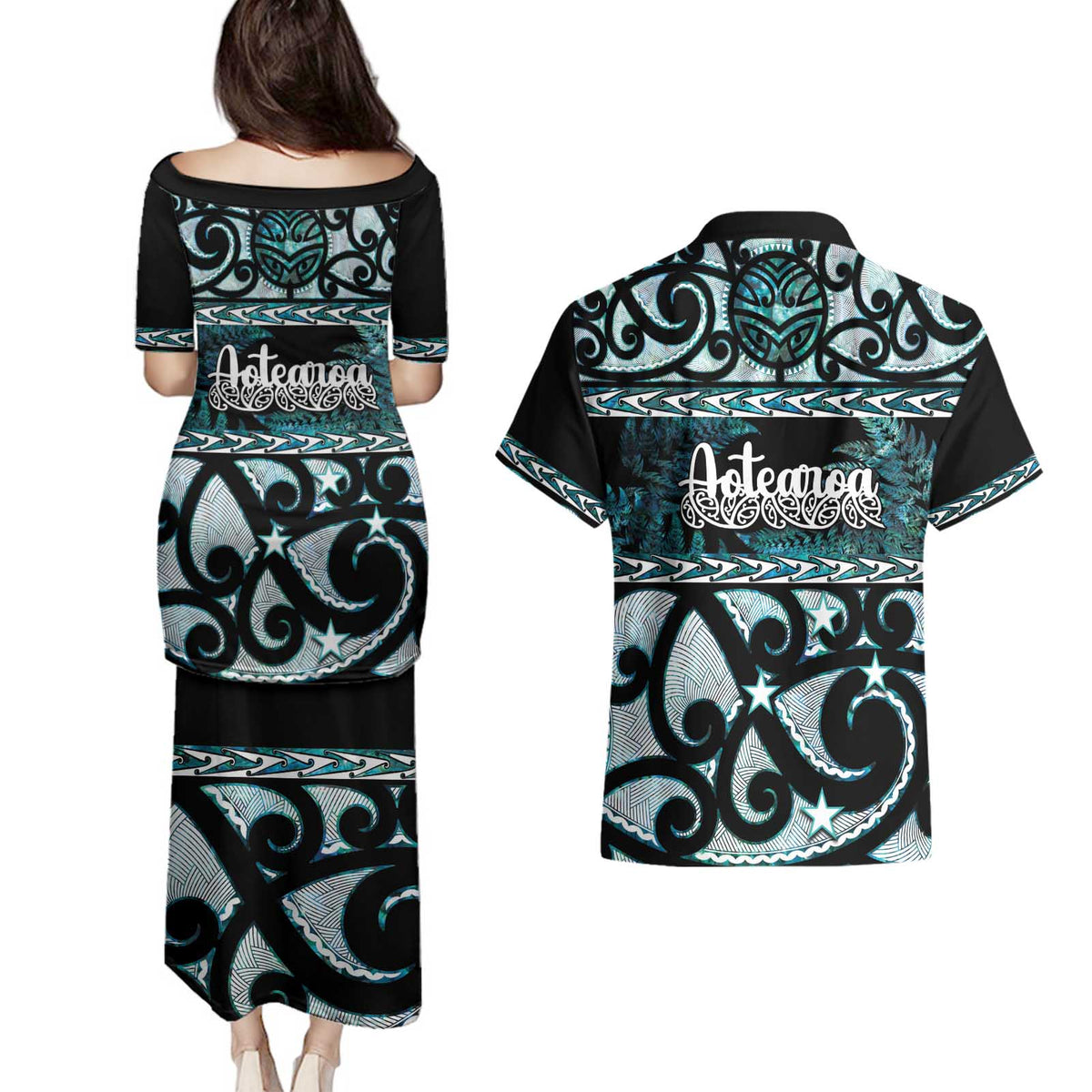 Kia Ora New Zealand Couples Matching Puletasi and Hawaiian Shirt Aotearoa Proud Maori Paua Shell Silver Fern LT14 - Polynesian Pride