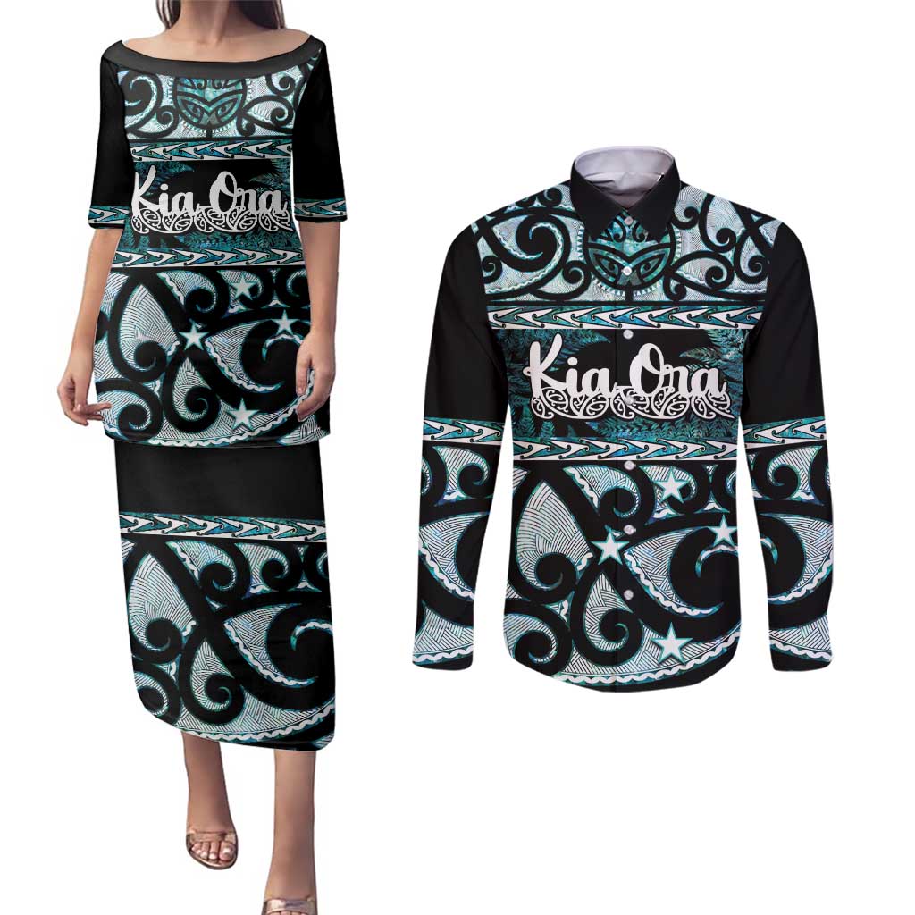 Kia Ora New Zealand Couples Matching Puletasi and Long Sleeve Button Shirt Aotearoa Proud Maori Paua Shell Silver Fern - Polynesian Pride