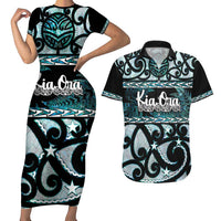 Kia Ora New Zealand Couples Matching Short Sleeve Bodycon Dress and Hawaiian Shirt Aotearoa Proud Maori Paua Shell Silver Fern LT14 Black - Polynesian Pride