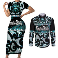 Kia Ora New Zealand Couples Matching Short Sleeve Bodycon Dress and Long Sleeve Button Shirt Aotearoa Proud Maori Paua Shell Silver Fern LT14 Black - Polynesian Pride