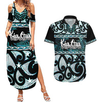 Kia Ora New Zealand Couples Matching Summer Maxi Dress and Hawaiian Shirt Aotearoa Proud Maori Paua Shell Silver Fern LT14 Black - Polynesian Pride