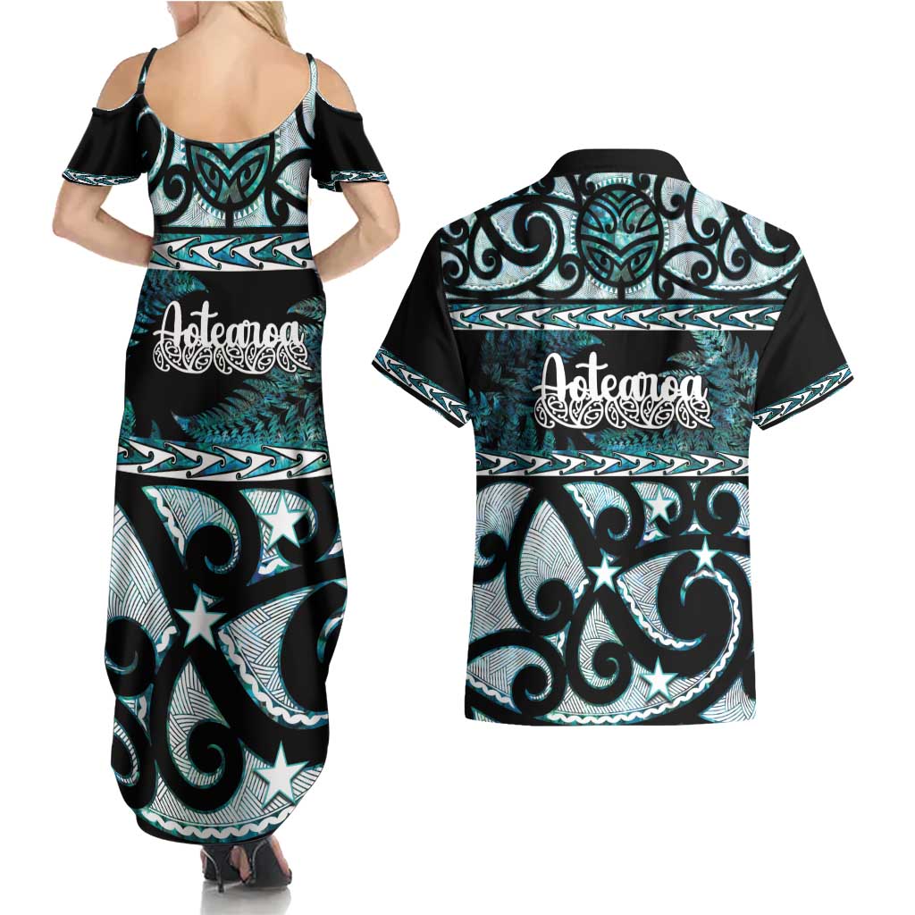 Kia Ora New Zealand Couples Matching Summer Maxi Dress and Hawaiian Shirt Aotearoa Proud Maori Paua Shell Silver Fern LT14 - Polynesian Pride