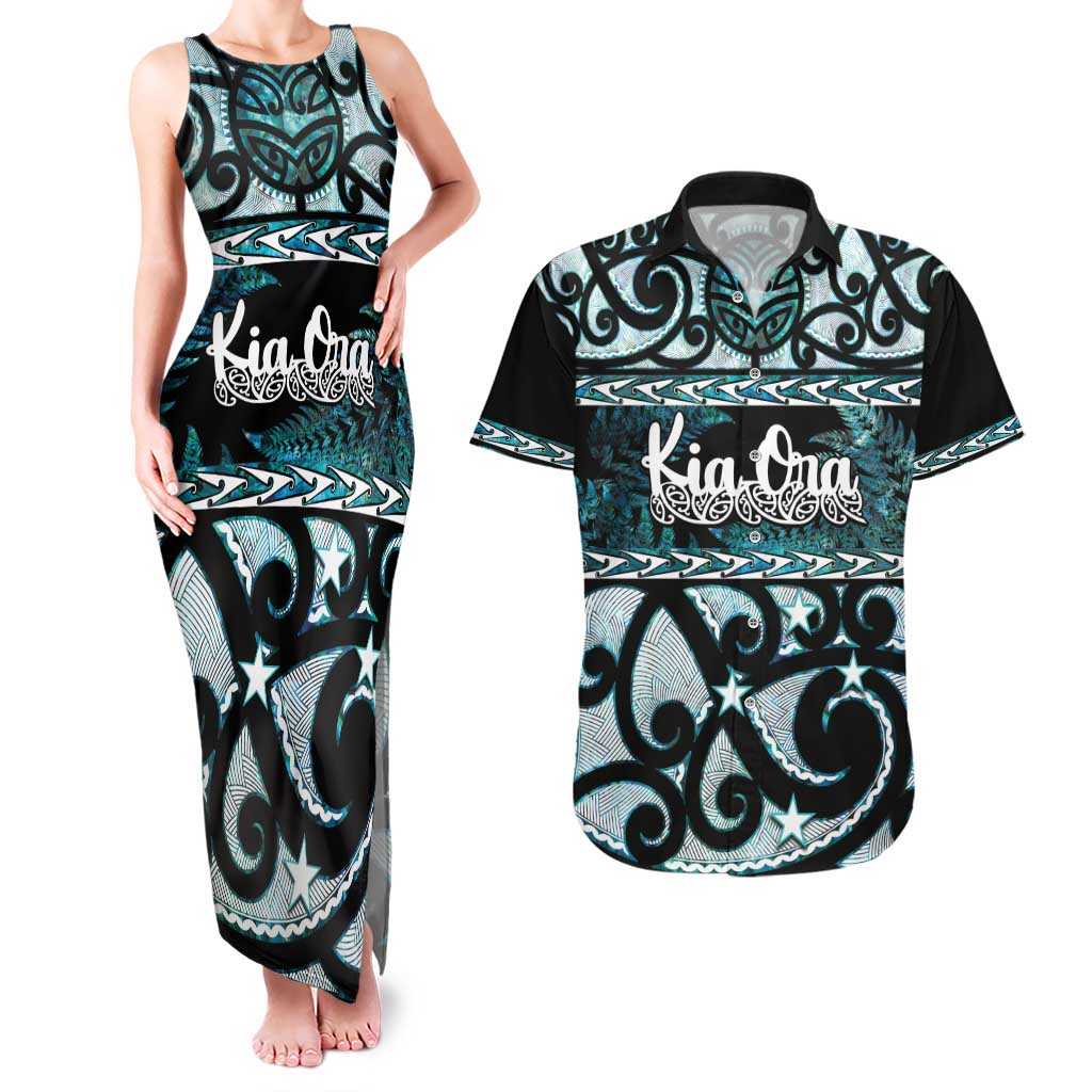 Kia Ora New Zealand Couples Matching Tank Maxi Dress and Hawaiian Shirt Aotearoa Proud Maori Paua Shell Silver Fern LT14 Black - Polynesian Pride