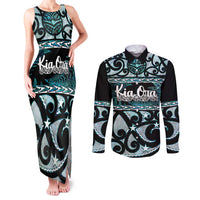 Kia Ora New Zealand Couples Matching Tank Maxi Dress and Long Sleeve Button Shirt Aotearoa Proud Maori Paua Shell Silver Fern LT14 Black - Polynesian Pride