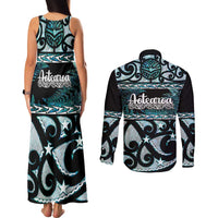 Kia Ora New Zealand Couples Matching Tank Maxi Dress and Long Sleeve Button Shirt Aotearoa Proud Maori Paua Shell Silver Fern LT14 - Polynesian Pride
