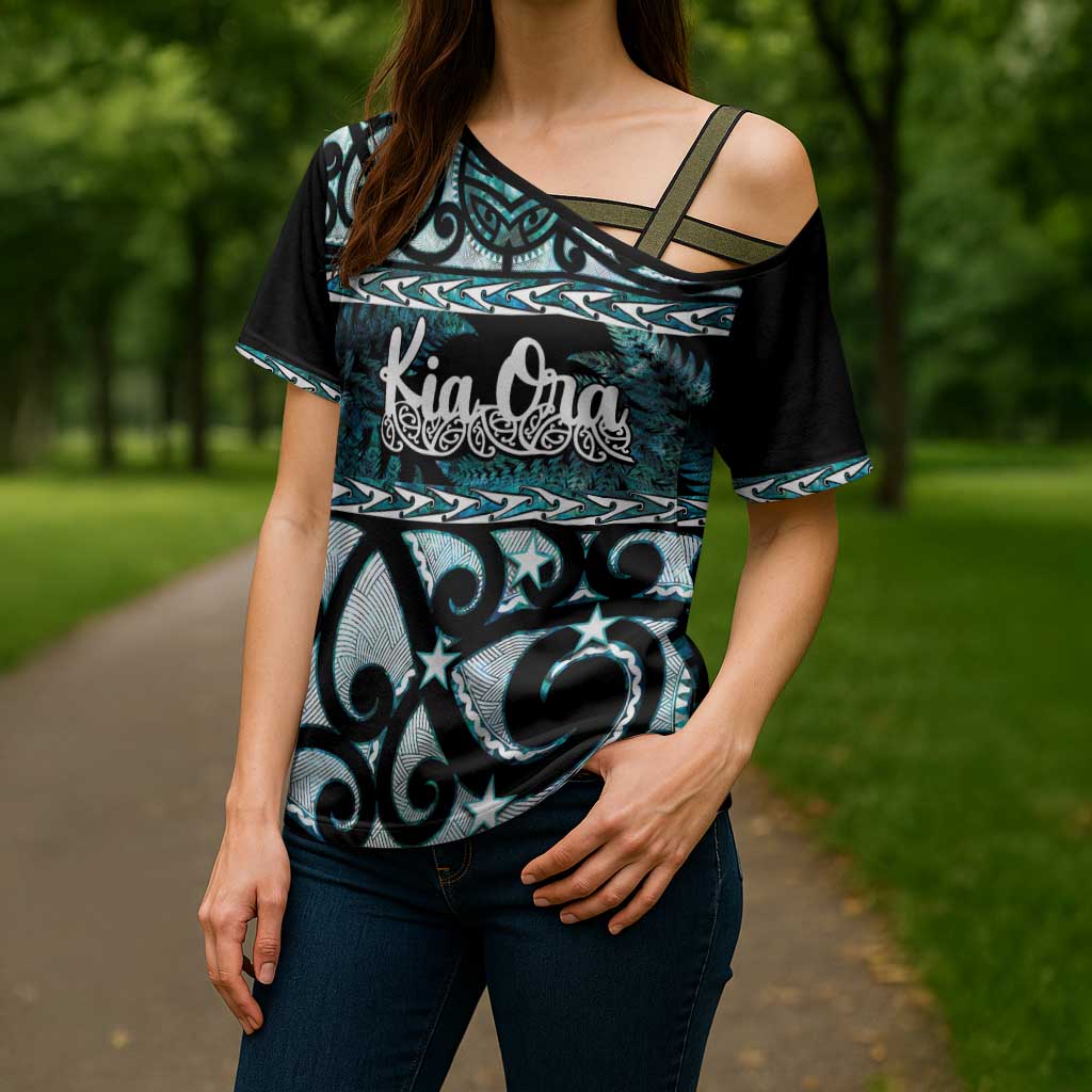 Kia Ora New Zealand Cross Shoulder Shirt Aotearoa Proud Maori Paua Shell Silver Fern - Polynesian Pride