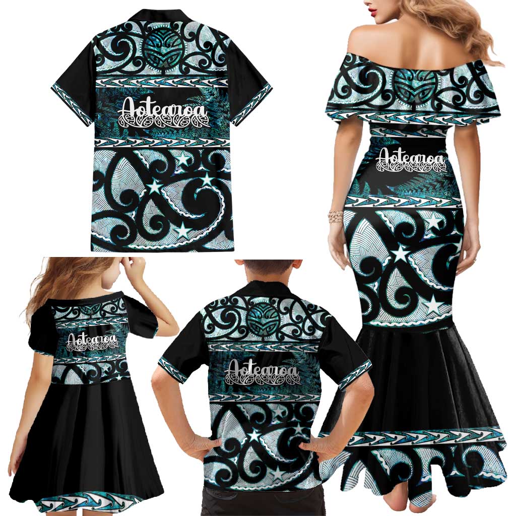 Kia Ora New Zealand Family Matching Mermaid Dress and Hawaiian Shirt Aotearoa Proud Maori Paua Shell Silver Fern LT14 - Polynesian Pride