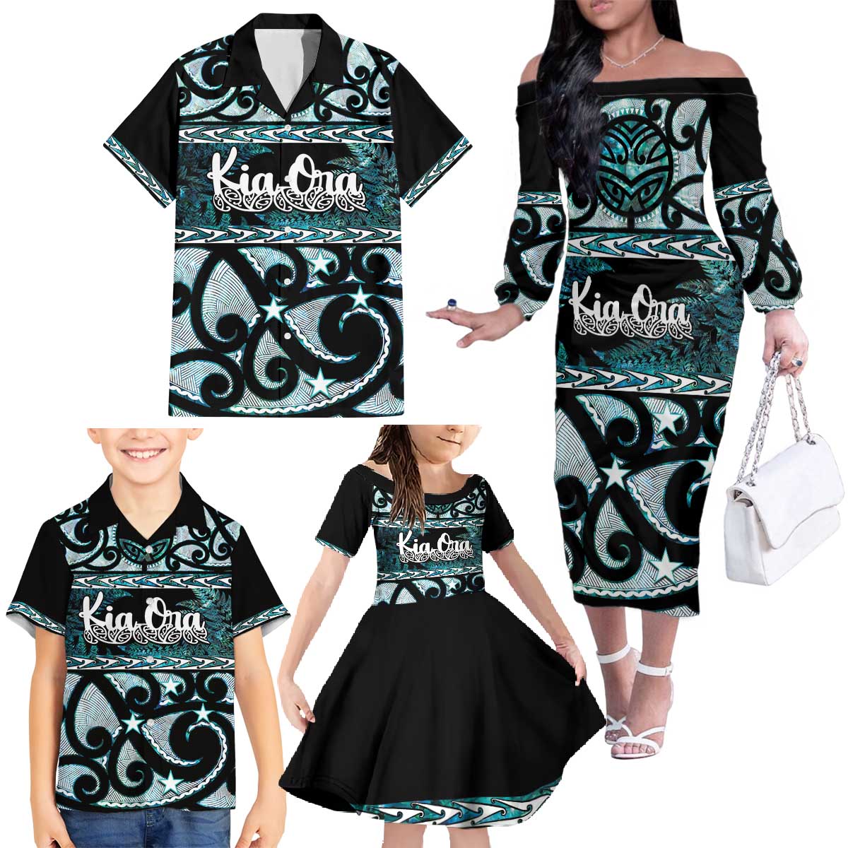 Kia Ora New Zealand Family Matching Off The Shoulder Long Sleeve Dress and Hawaiian Shirt Aotearoa Proud Maori Paua Shell Silver Fern LT14 - Polynesian Pride