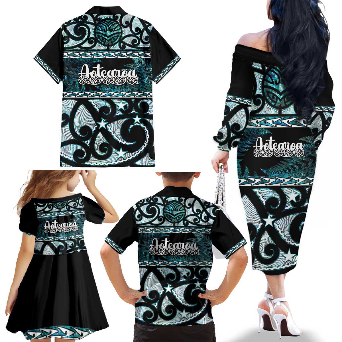 Kia Ora New Zealand Family Matching Off The Shoulder Long Sleeve Dress and Hawaiian Shirt Aotearoa Proud Maori Paua Shell Silver Fern LT14 - Polynesian Pride