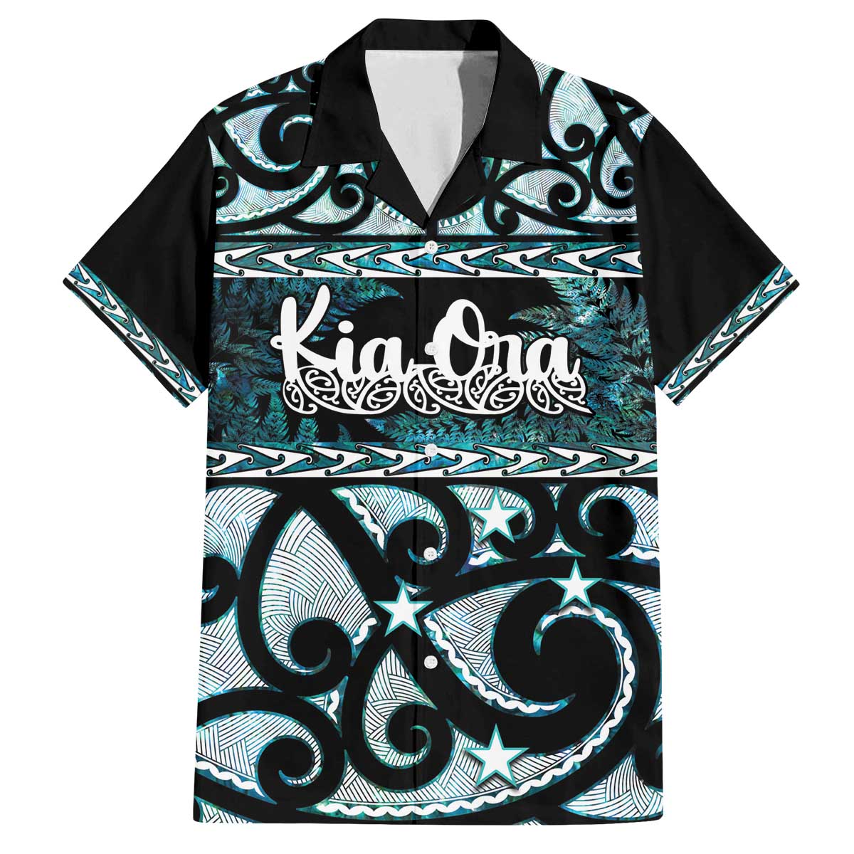 Kia Ora New Zealand Family Matching Off The Shoulder Long Sleeve Dress and Hawaiian Shirt Aotearoa Proud Maori Paua Shell Silver Fern LT14 Dad's Shirt - Short Sleeve Black - Polynesian Pride