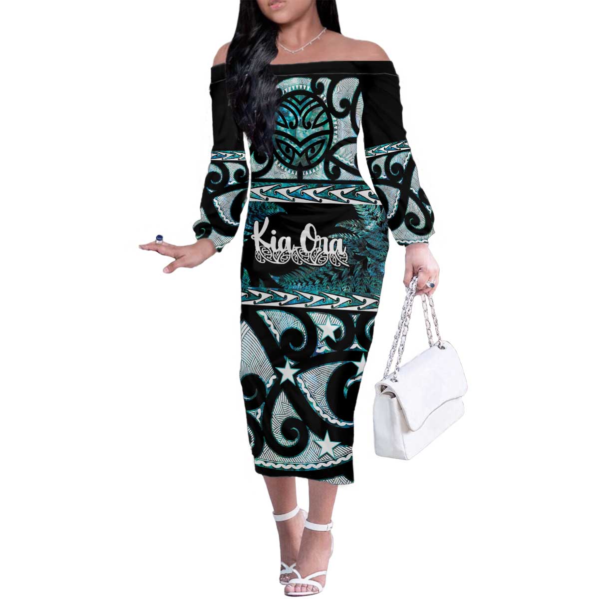 Kia Ora New Zealand Family Matching Off The Shoulder Long Sleeve Dress and Hawaiian Shirt Aotearoa Proud Maori Paua Shell Silver Fern LT14 Mom's Dress Black - Polynesian Pride