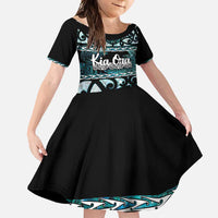 Kia Ora New Zealand Family Matching Off Shoulder Maxi Dress and Hawaiian Shirt Aotearoa Proud Maori Paua Shell Silver Fern LT14 Daughter's Dress Black - Polynesian Pride