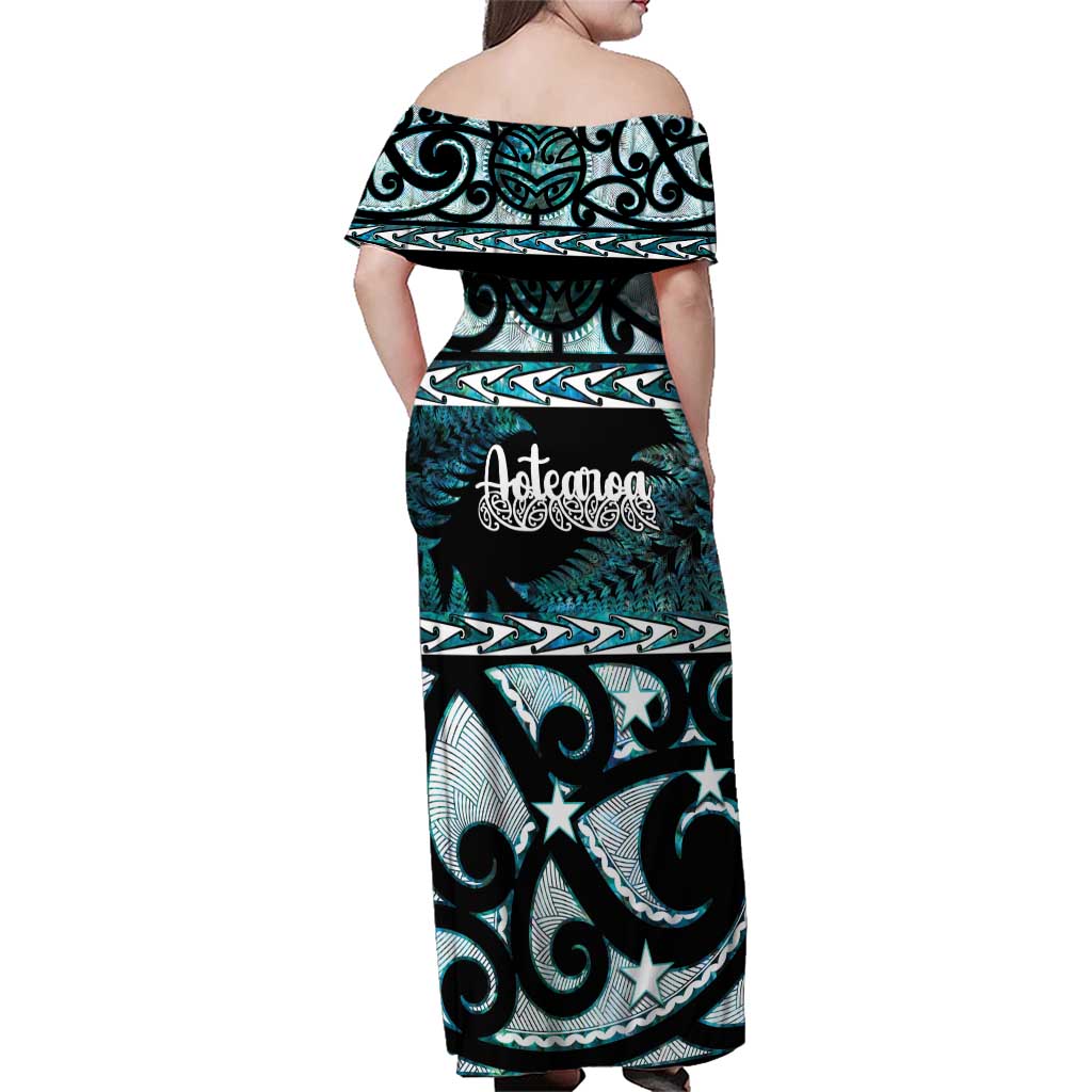 Kia Ora New Zealand Family Matching Off Shoulder Maxi Dress and Hawaiian Shirt Aotearoa Proud Maori Paua Shell Silver Fern LT14 - Polynesian Pride