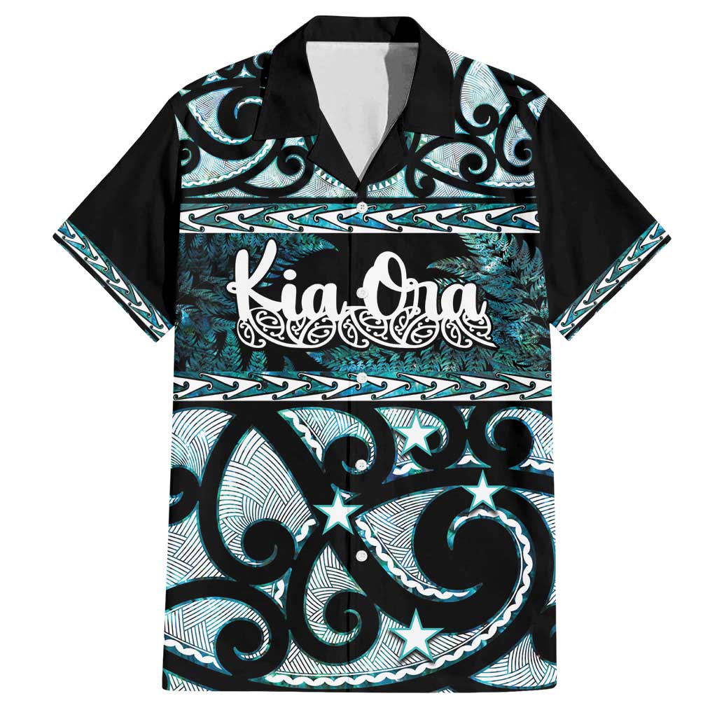 Kia Ora New Zealand Family Matching Off Shoulder Short Dress and Hawaiian Shirt Aotearoa Proud Maori Paua Shell Silver Fern LT14 Dad's Shirt - Short Sleeve Black - Polynesian Pride