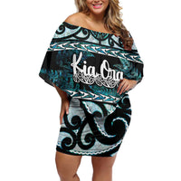 Kia Ora New Zealand Family Matching Off Shoulder Short Dress and Hawaiian Shirt Aotearoa Proud Maori Paua Shell Silver Fern LT14 Mom's Dress Black - Polynesian Pride