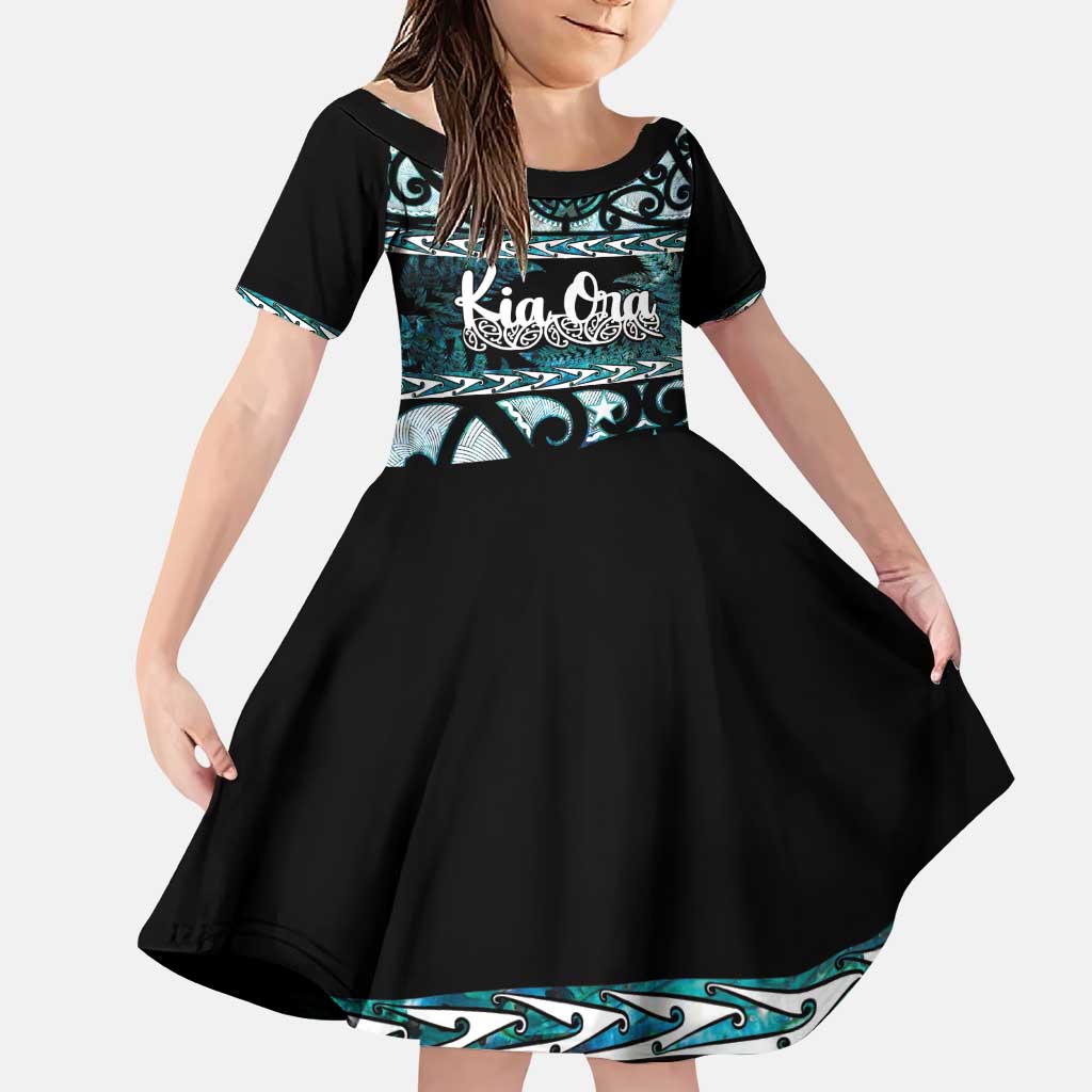 Kia Ora New Zealand Family Matching Puletasi and Hawaiian Shirt Aotearoa Proud Maori Paua Shell Silver Fern LT14 Daughter's Dress Black - Polynesian Pride