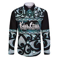 Kia Ora New Zealand Family Matching Puletasi and Hawaiian Shirt Aotearoa Proud Maori Paua Shell Silver Fern LT14 Dad's Shirt - Long Sleeve Black - Polynesian Pride