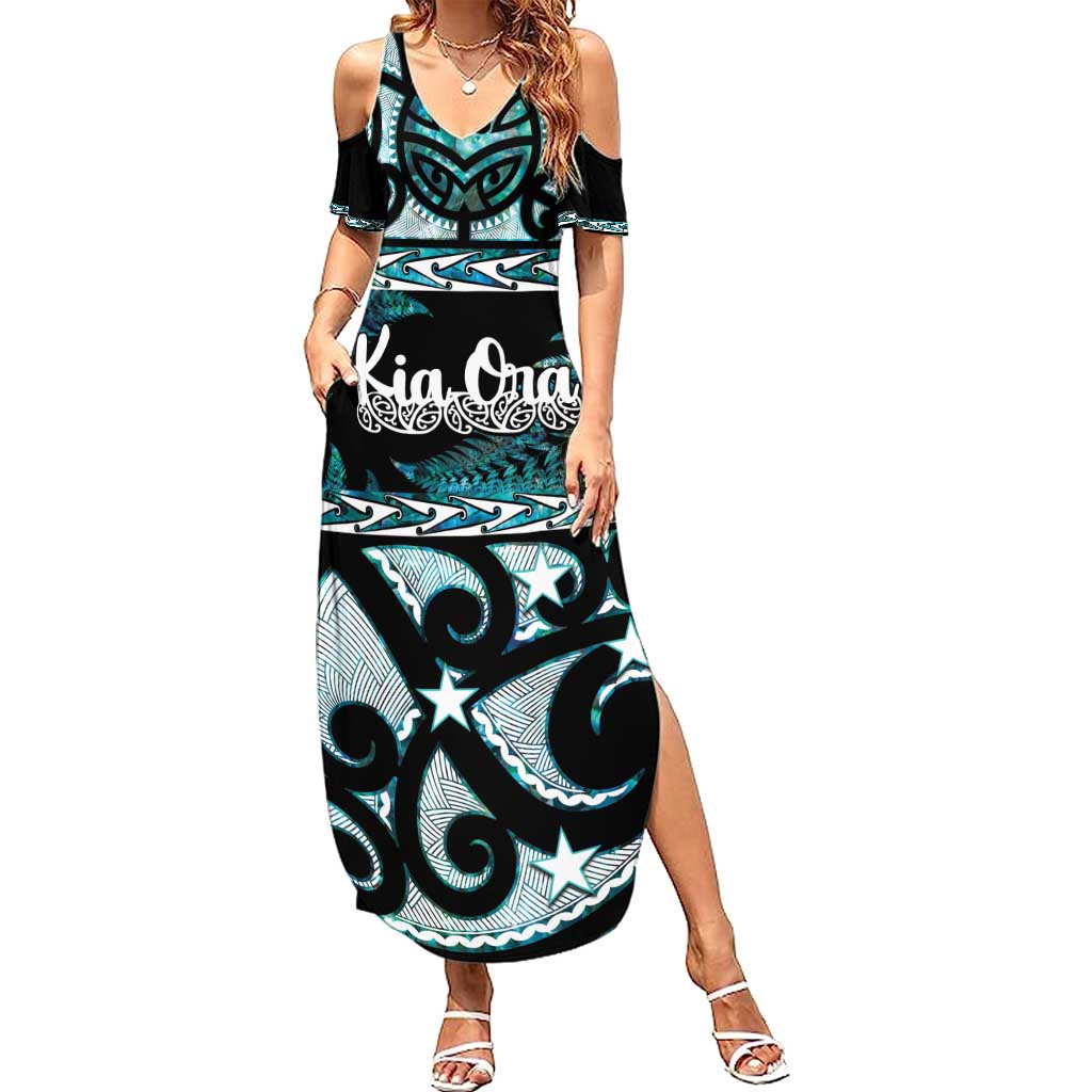 Kia Ora New Zealand Family Matching Summer Maxi Dress and Hawaiian Shirt Aotearoa Proud Maori Paua Shell Silver Fern LT14 Mom's Dress Black - Polynesian Pride